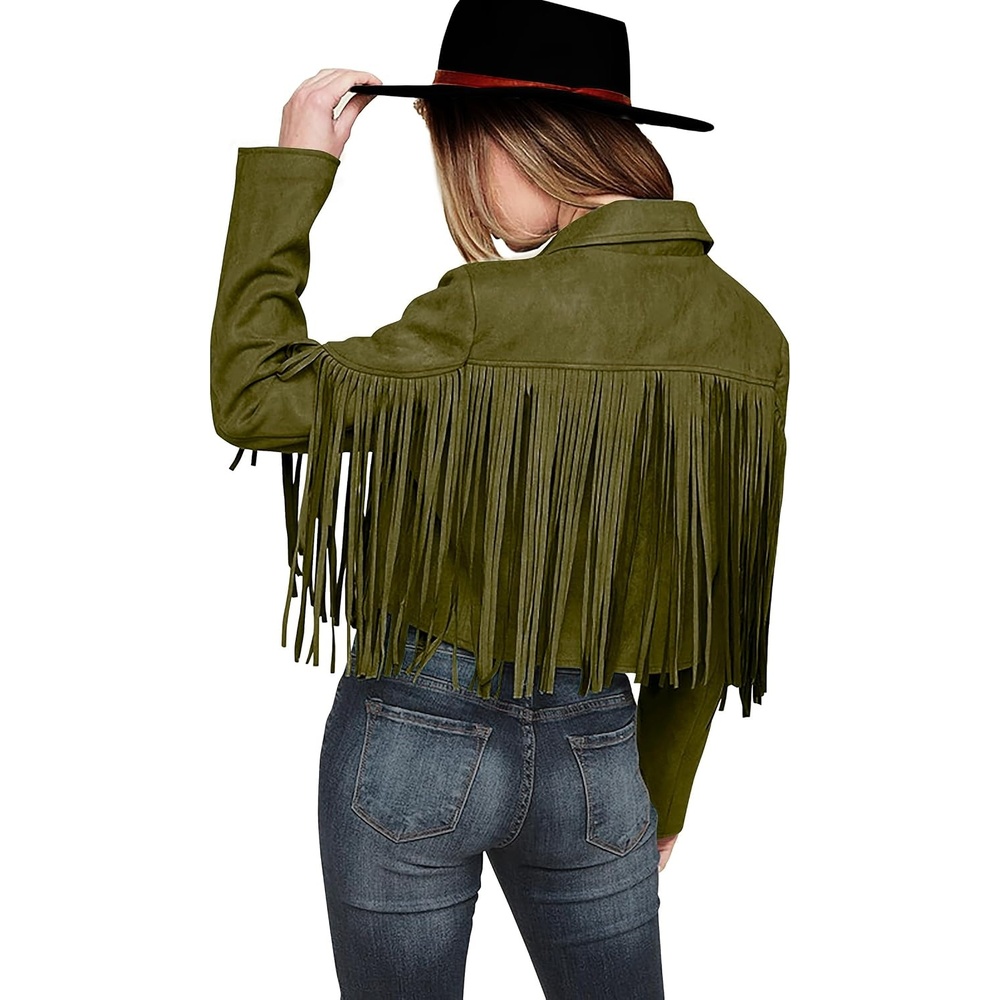 image:imagePRETTYGARDEN Womens Fringe Faux Suede Leather JacketsDark Army Green