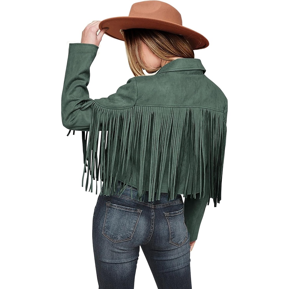 image:imagePRETTYGARDEN Womens Fringe Faux Suede Leather JacketsGreen
