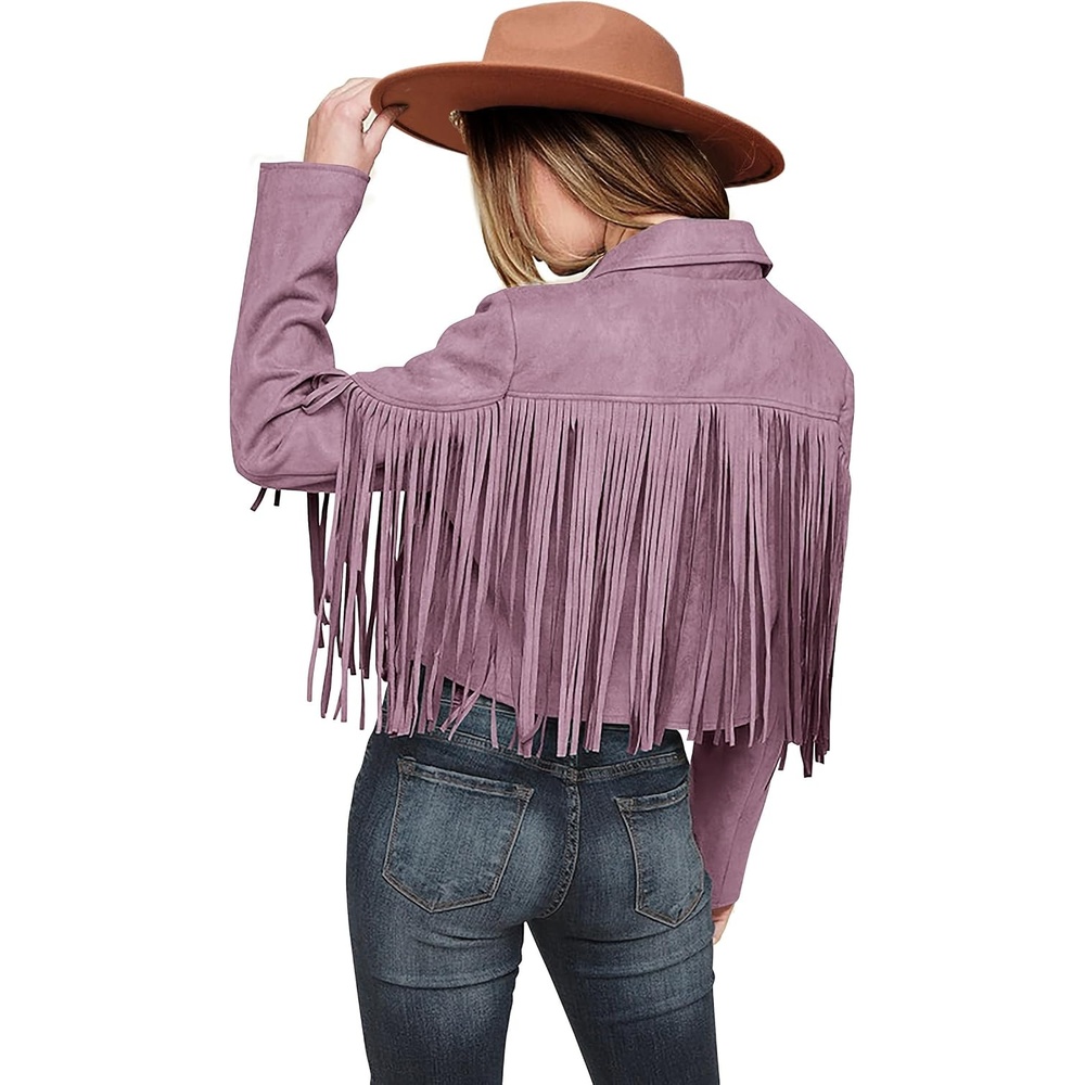 image:imagePRETTYGARDEN Womens Fringe Faux Suede Leather JacketsPurple