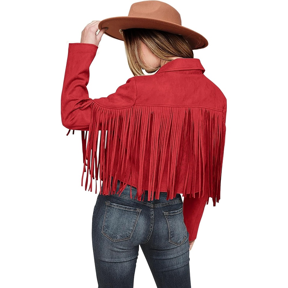 image:imagePRETTYGARDEN Womens Fringe Faux Suede Leather JacketsRed