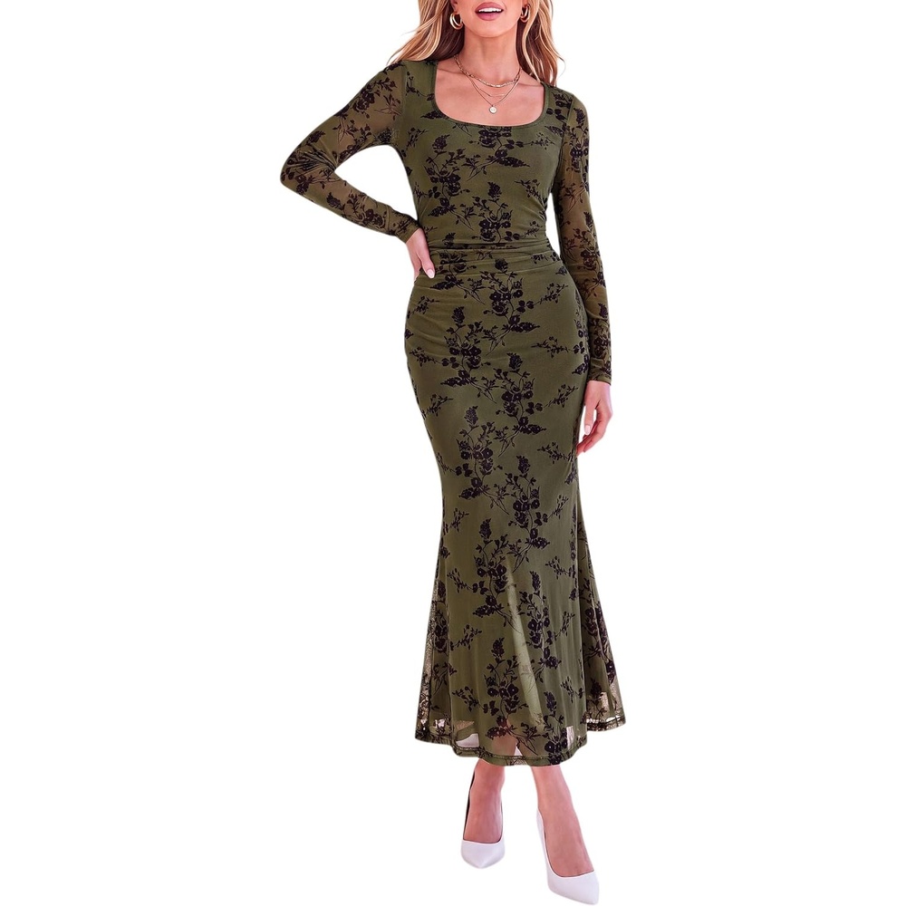 image:imagePRETTYGARDEN Womens Long Sleeve Floral Maxi Bodycon DressArmy Green
