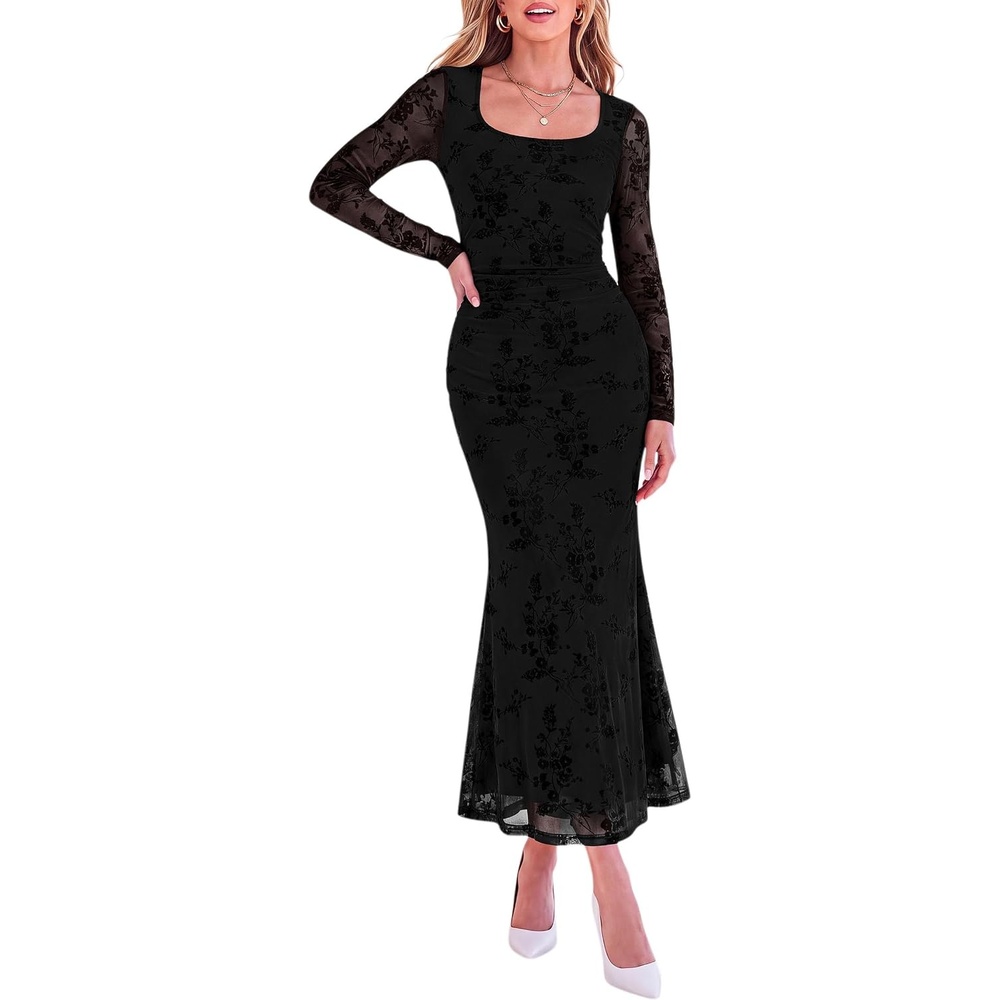 image:imagePRETTYGARDEN Womens Long Sleeve Floral Maxi Bodycon DressBlack