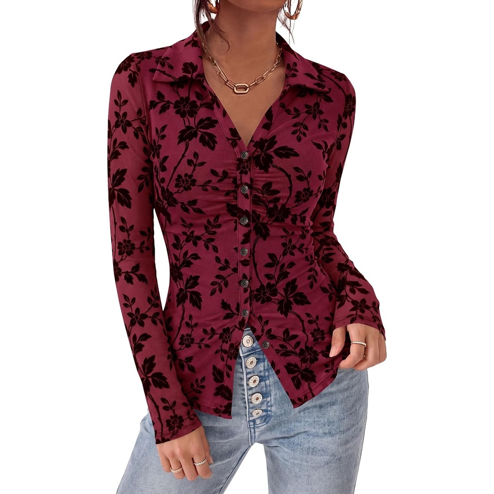 image:imagePRETTYGARDEN Womens Long Sleeve Floral Mesh Boho Tops Button Down ShirtsBurgundy
