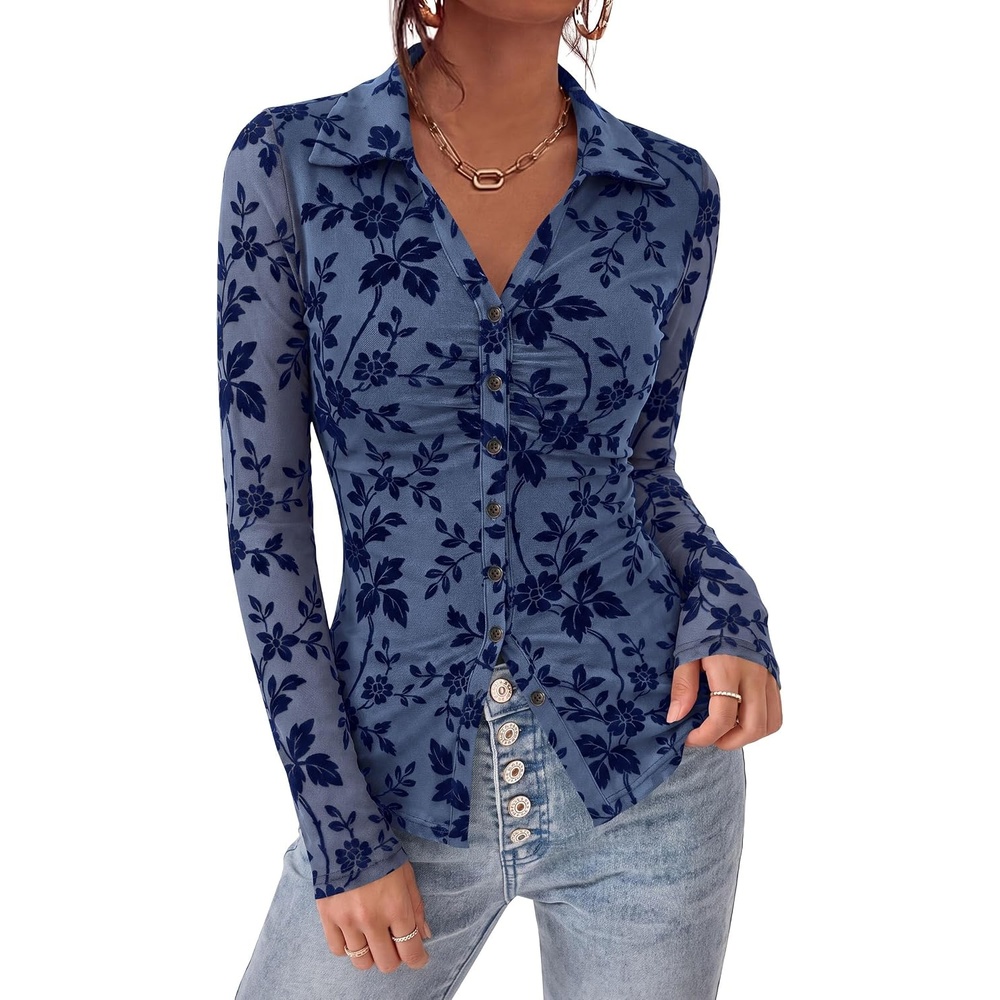 image:imagePRETTYGARDEN Womens Long Sleeve Floral Mesh Boho Tops Button Down ShirtsDusty Blue
