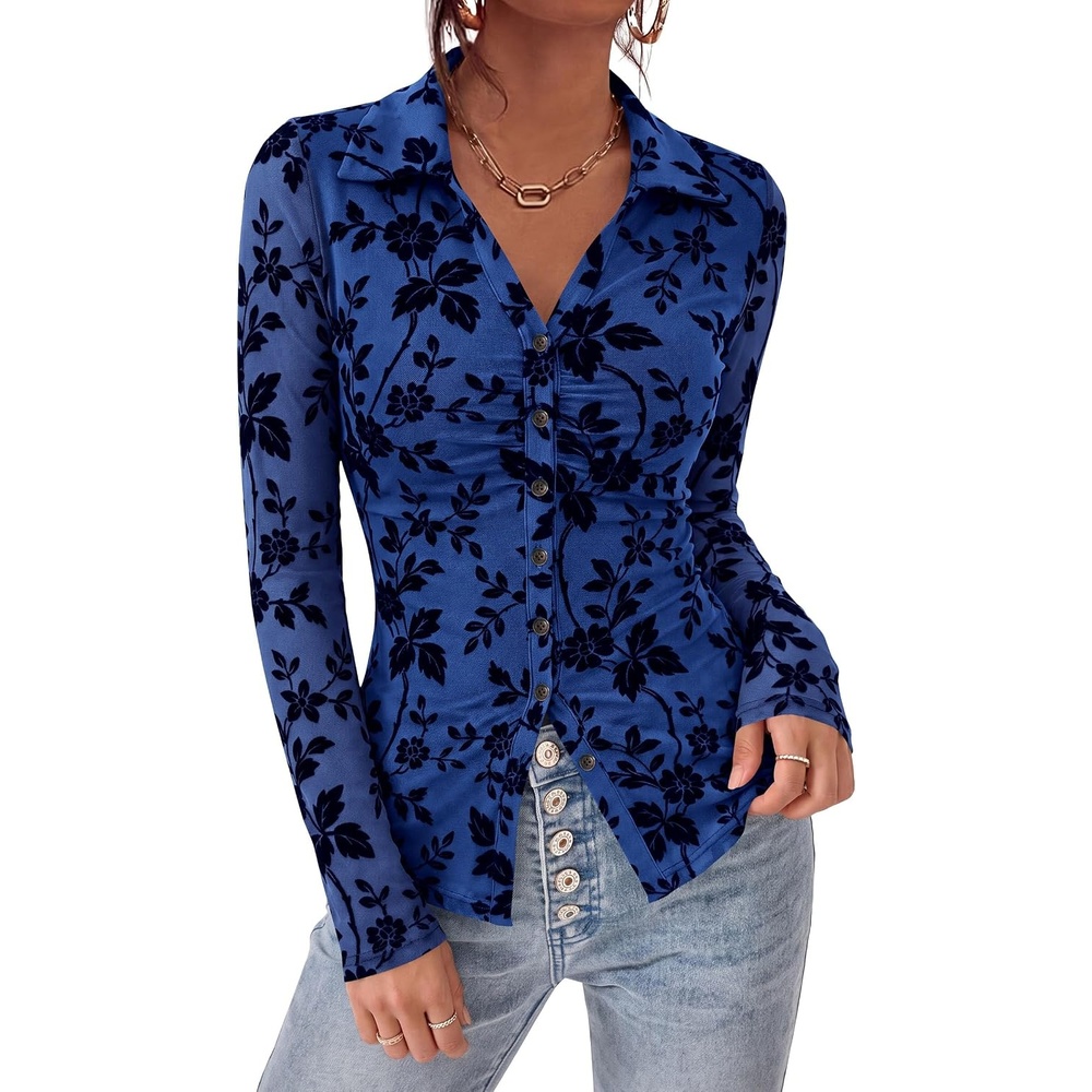 image:imagePRETTYGARDEN Womens Long Sleeve Floral Mesh Boho Tops Button Down ShirtsRoyal Blue