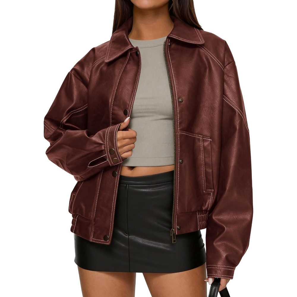 image:imagePRETTYGARDEN Womens Oversized Faux Leather Jacket Fall Winter OutfitsBrick Red