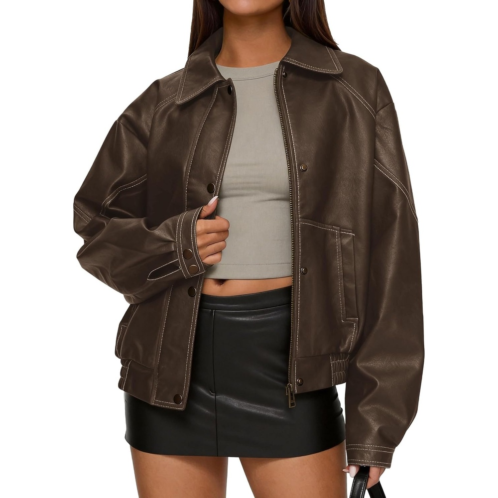 image:imagePRETTYGARDEN Womens Oversized Faux Leather Jacket Fall Winter OutfitsChocolate Brown