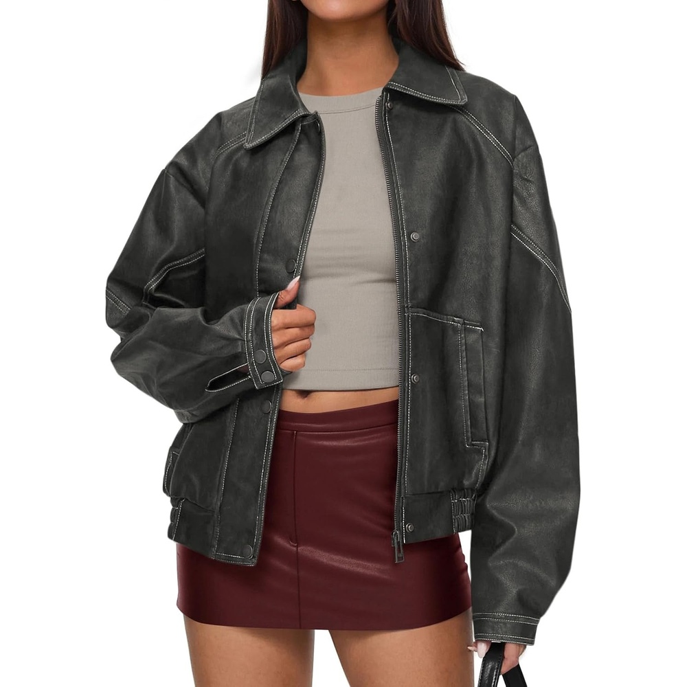 image:imagePRETTYGARDEN Womens Oversized Faux Leather Jacket Fall Winter OutfitsGrey