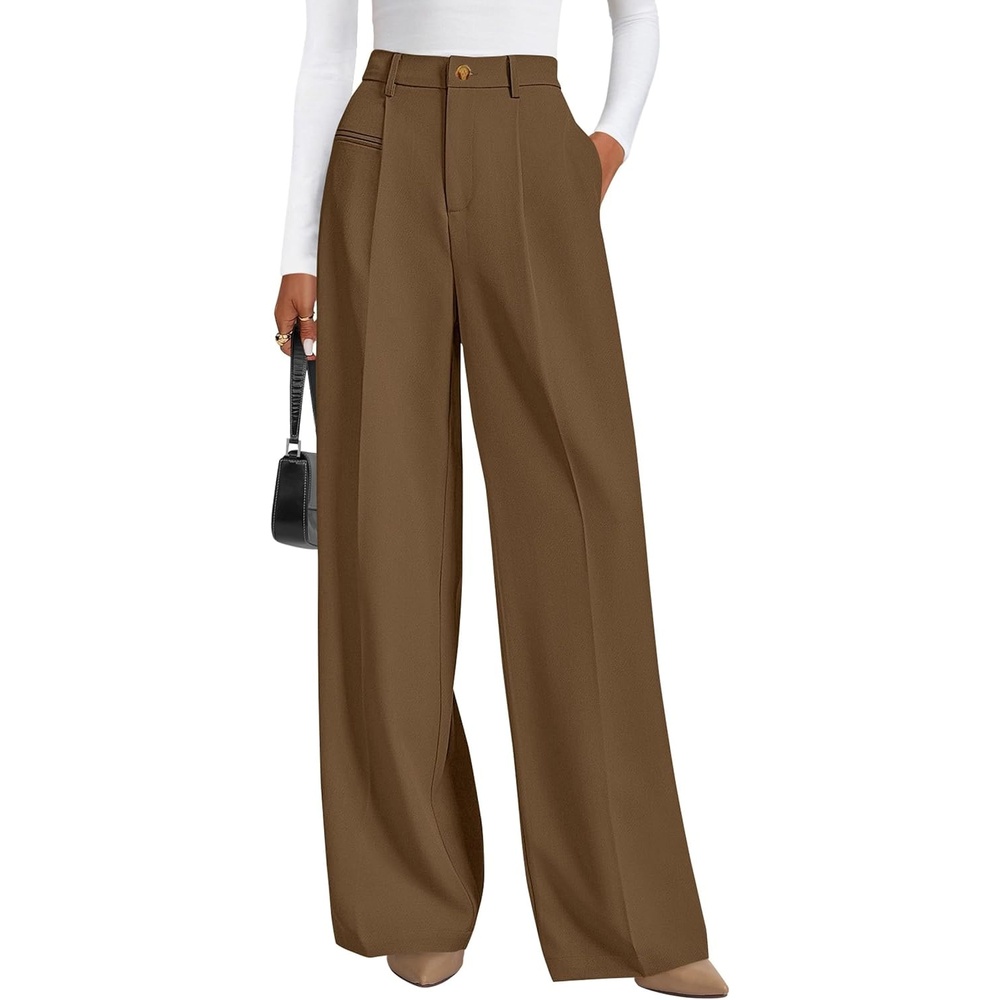 image:imagePRETTYGARDEN Womens Tailored Wide Leg Work Dress PantsBrown