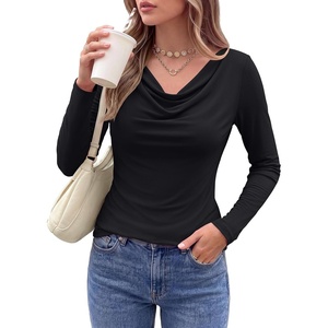 PRETTYGARDEN Cowl Neck Tops for Women Fashion Long Sleeve Shirt(Black)