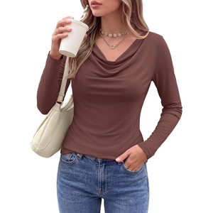 PRETTYGARDEN Cowl Neck Tops for Women Fashion Long Sleeve Shirt(Brown)
