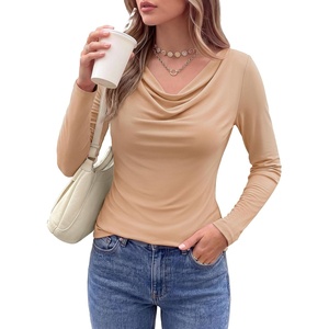PRETTYGARDEN Cowl Neck Tops for Women Fashion Long Sleeve Shirt(Khaki)