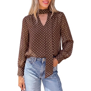 PRETTYGARDEN Women’s Chiffon Boho Blouses Dressy Business Casual Work Tops(Dot Brown)