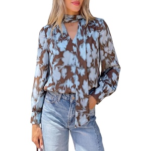 PRETTYGARDEN Women’s Chiffon Boho Blouses Dressy Business Casual Work Tops(Floral Brown Blue)