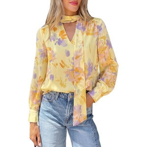 PRETTYGARDEN Women’s Chiffon Boho Blouses Dressy Business Casual Work Tops(Floral Yellow)