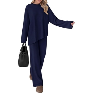 PRETTYGARDEN Womens Fall 2 Piece Asymmetric Cozy Sweater Travel Lounge Sets(Navy Blue)