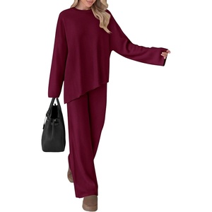 PRETTYGARDEN Womens Fall 2 Piece Asymmetric Cozy Sweater Travel Lounge Sets(Wine Red)