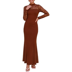 PRETTYGARDEN Women’s Fall Lace Sheer Dress Bodycon Maxi Cocktail Dresses(Brown)