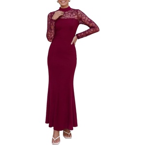 PRETTYGARDEN Women’s Fall Lace Sheer Dress Bodycon Maxi Cocktail Dresses(Burgundy)