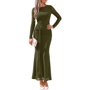 PRETTYGARDEN Womens Fall Long Sleeve Bodycon Tie Waist Mesh Maxi Dresses(Army Green)