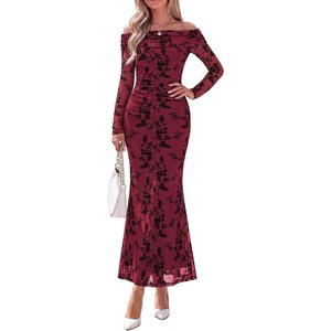 PRETTYGARDEN Womens Fall Off Shoulder Floral Maxi Wedding Guest Dress(Wine Red)