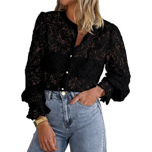 PRETTYGARDEN Women’s Fall Trendy Long Sleeve Lace Tops(Black)