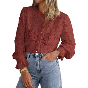 PRETTYGARDEN Women’s Fall Trendy Long Sleeve Lace Tops(Brown Red)