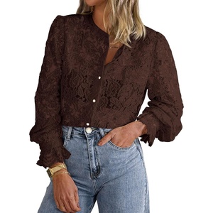 PRETTYGARDEN Women’s Fall Trendy Long Sleeve Lace Tops(Coffee)