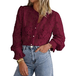 PRETTYGARDEN Women’s Fall Trendy Long Sleeve Lace Tops(Wine Red)
