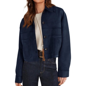 PRETTYGARDEN Women’s Faux Suede Shacket Jackets Lightweight Cropped Coats(Navy Blue)