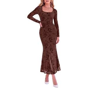 PRETTYGARDEN Women’s Long Sleeve Floral Maxi Bodycon Dress(Brown)