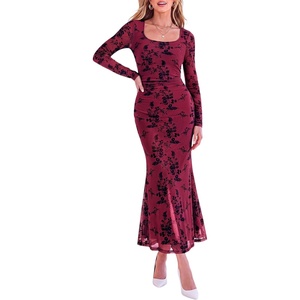 PRETTYGARDEN Women’s Long Sleeve Floral Maxi Bodycon Dress(Burgundy)