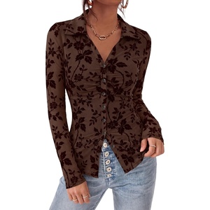 PRETTYGARDEN Women’s Long Sleeve Floral Mesh Boho Tops Button Down Shirts(Brown)