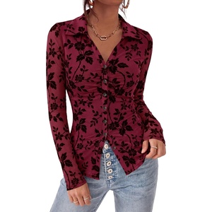 PRETTYGARDEN Women’s Long Sleeve Floral Mesh Boho Tops Button Down Shirts(Burgundy)
