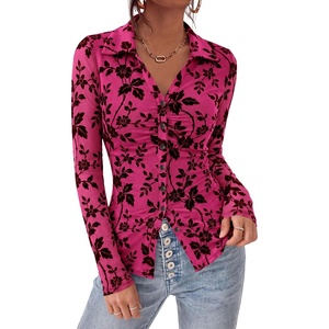 PRETTYGARDEN Women’s Long Sleeve Floral Mesh Boho Tops Button Down Shirts(Hot Pink)