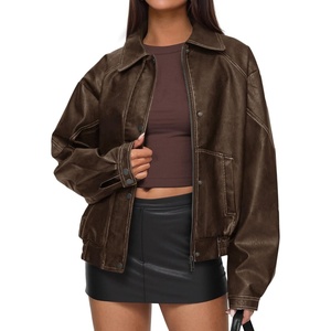 PRETTYGARDEN Womens Oversized Faux Leather Jacket Fall Winter Outfits(Brown)