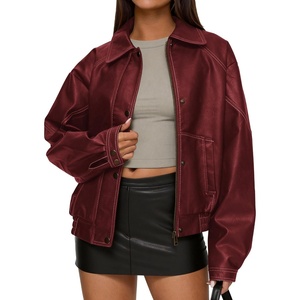 PRETTYGARDEN Womens Oversized Faux Leather Jacket Fall Winter Outfits(Dark Red)