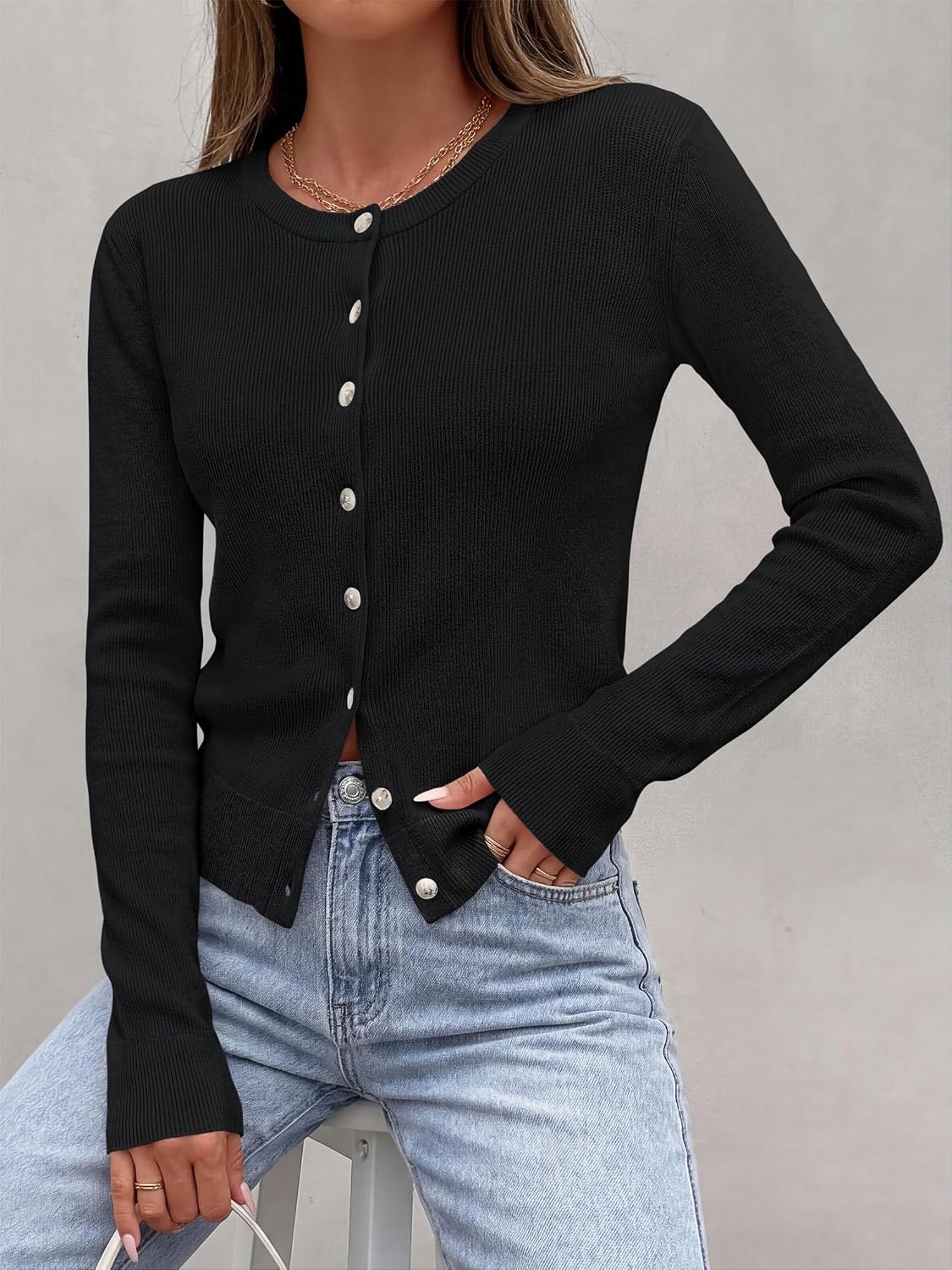 image:imagePRETTYGARDEN Fall Fitted Cardigan Sweaters for Women Button DownBlack