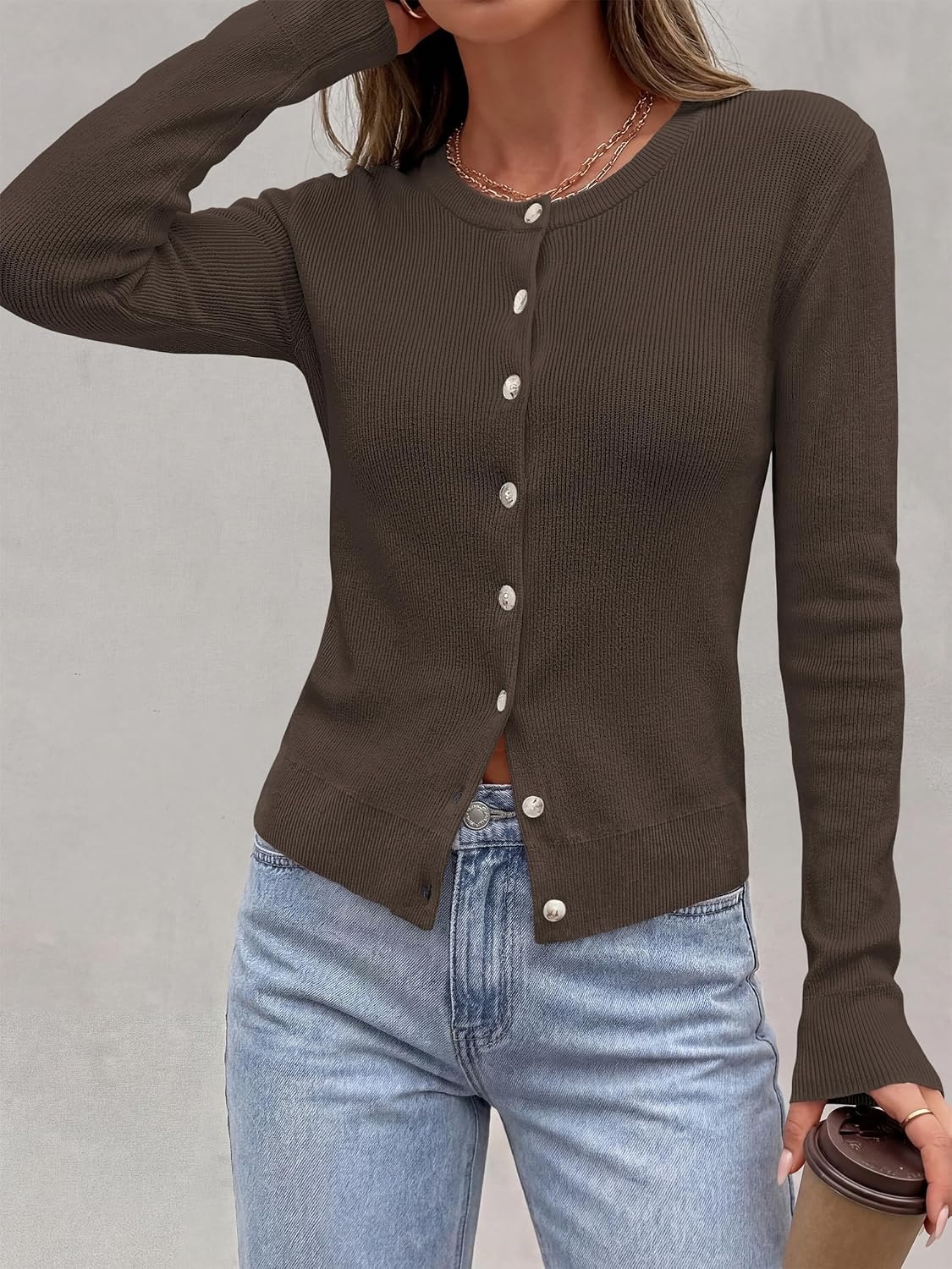 image:imagePRETTYGARDEN Fall Fitted Cardigan Sweaters for Women Button DownBrown