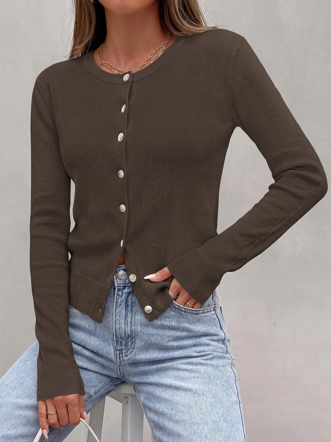 image:imagePRETTYGARDEN Fall Fitted Cardigan Sweaters for Women Button DownBrown