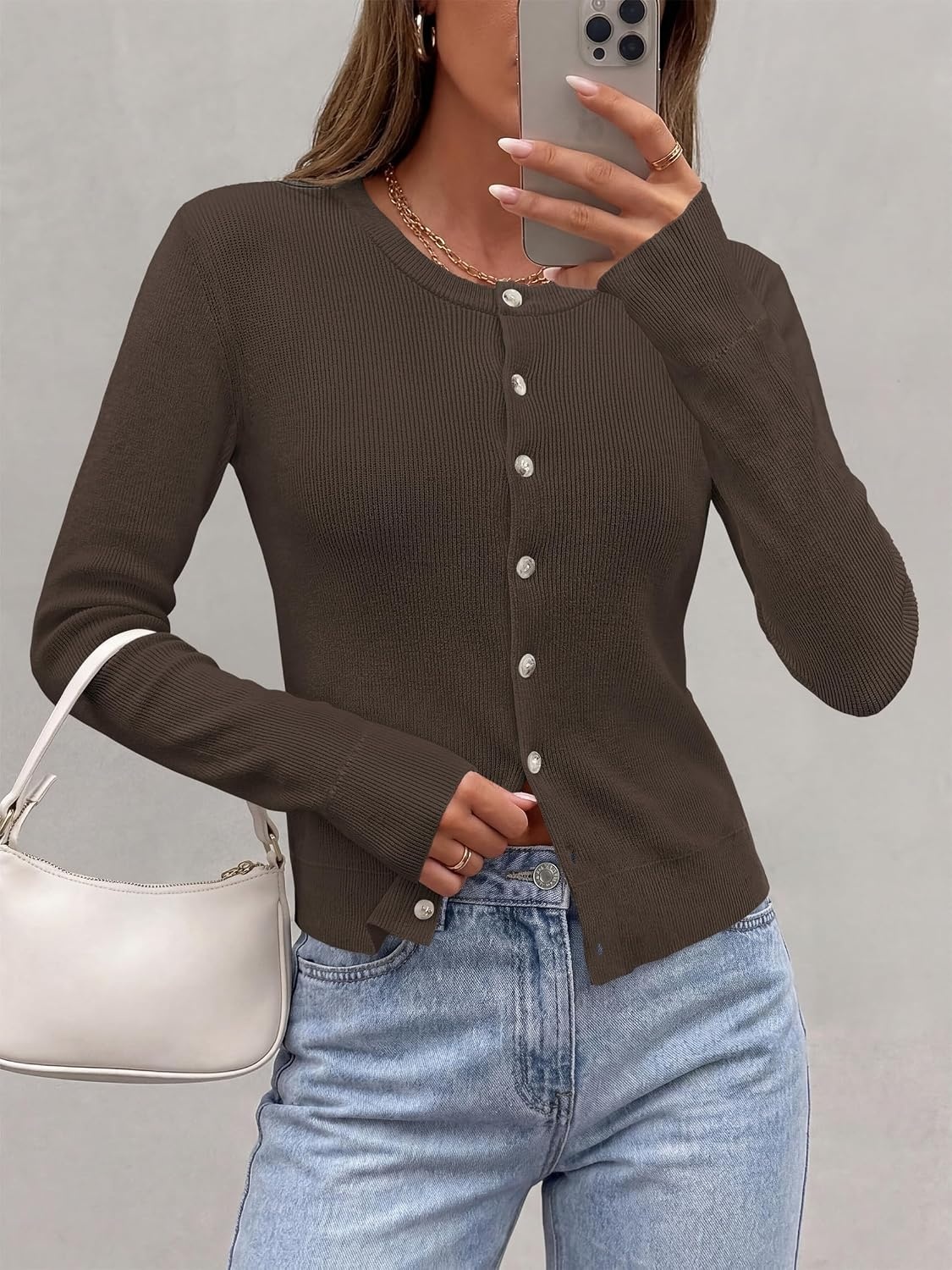 image:imagePRETTYGARDEN Fall Fitted Cardigan Sweaters for Women Button DownBrown