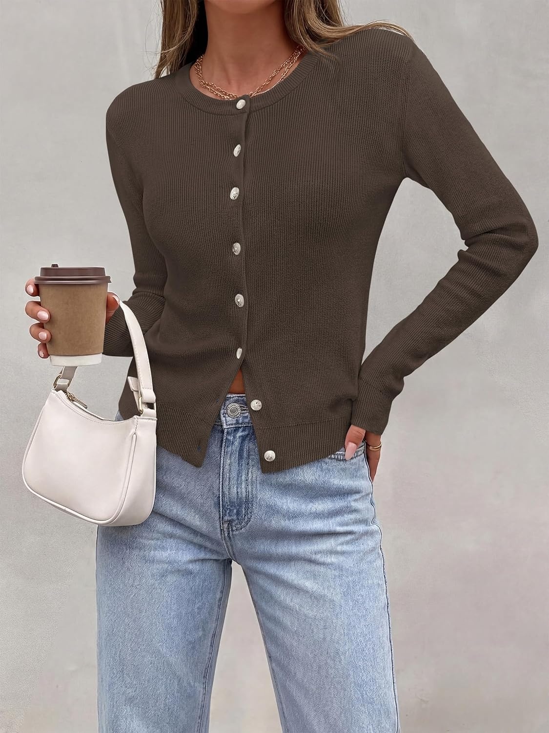 image:imagePRETTYGARDEN Fall Fitted Cardigan Sweaters for Women Button DownBrown