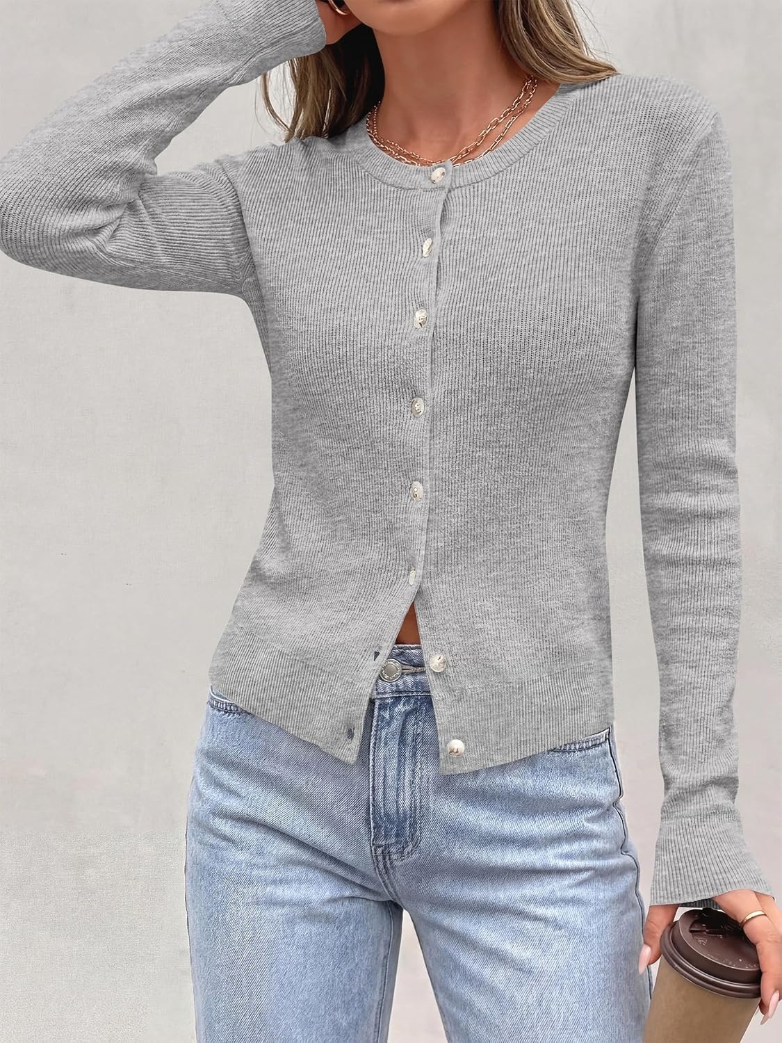 image:imagePRETTYGARDEN Fall Fitted Cardigan Sweaters for Women Button DownGrey