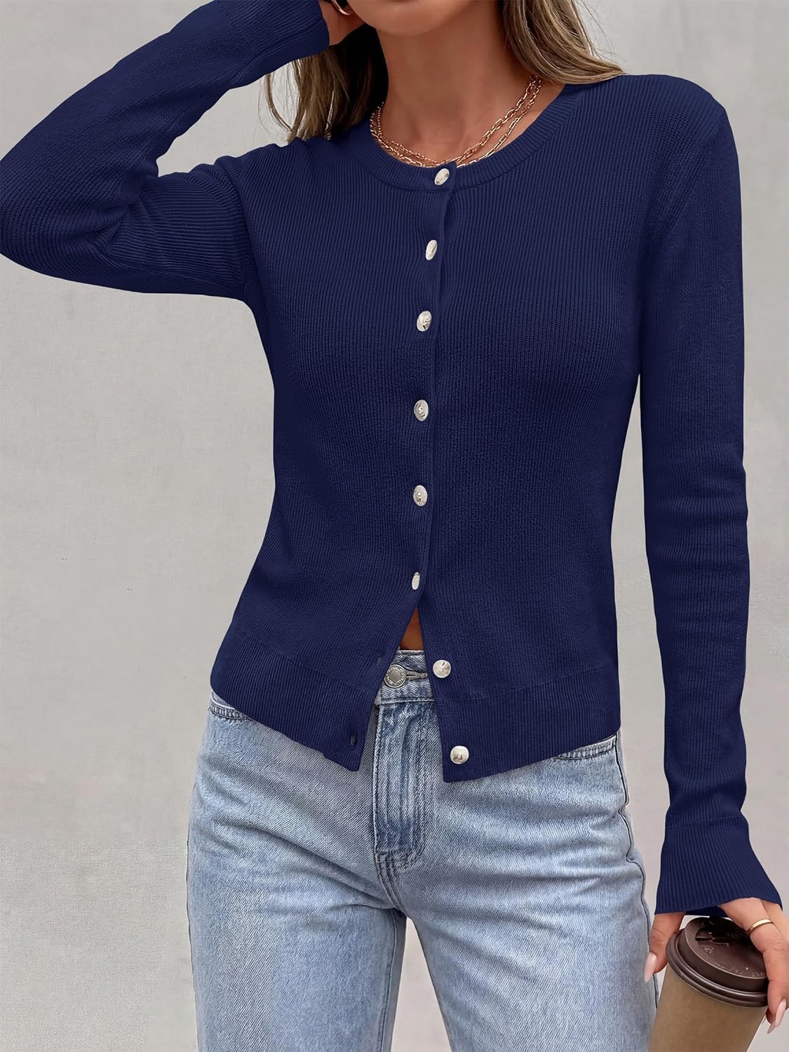 image:imagePRETTYGARDEN Fall Fitted Cardigan Sweaters for Women Button DownNavy Blue