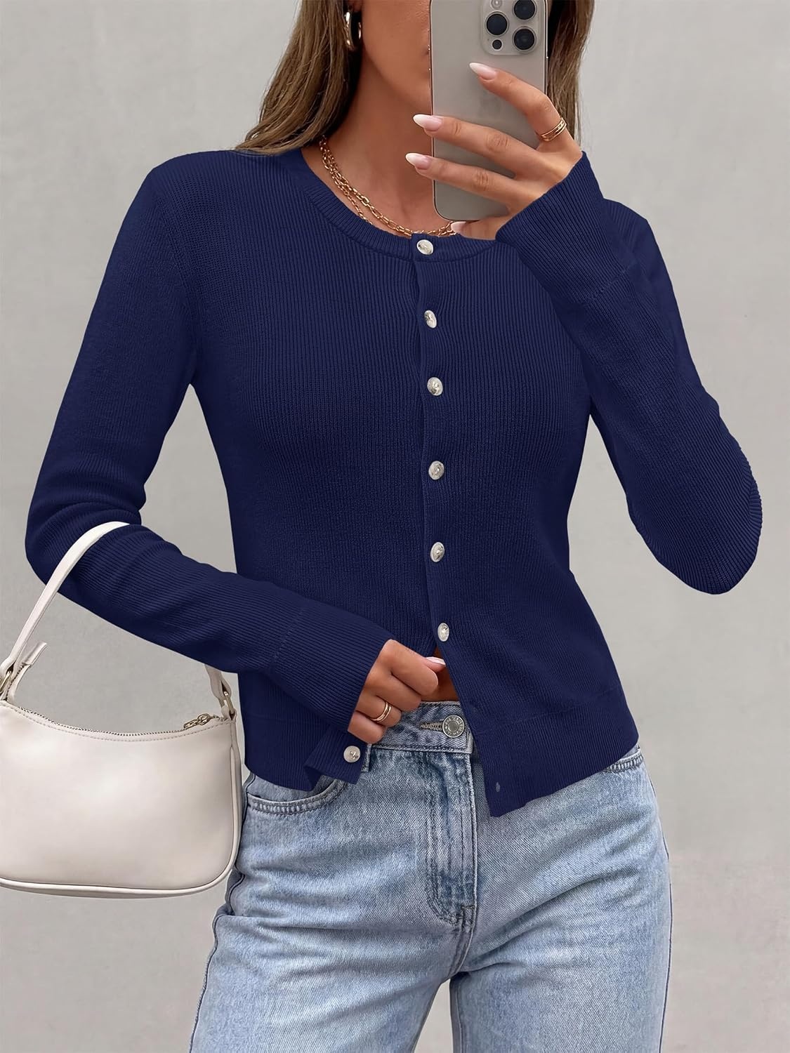 image:imagePRETTYGARDEN Fall Fitted Cardigan Sweaters for Women Button DownNavy Blue