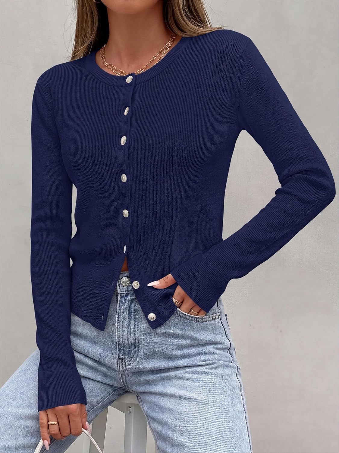 image:imagePRETTYGARDEN Fall Fitted Cardigan Sweaters for Women Button DownNavy Blue
