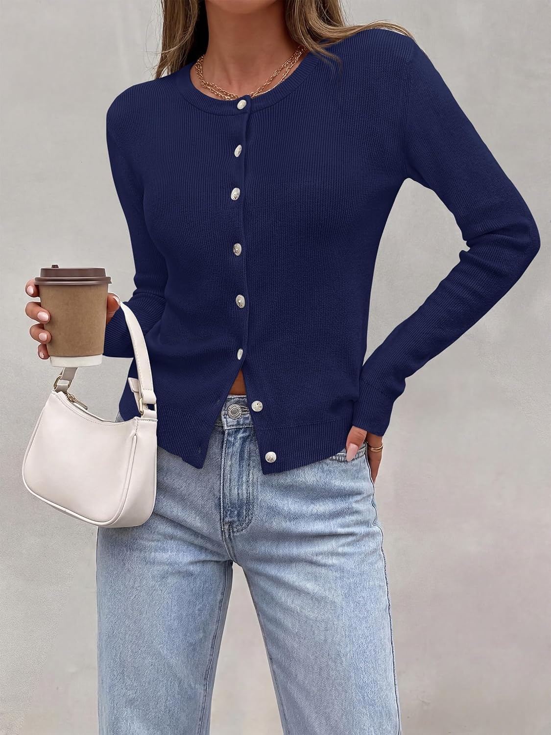 image:imagePRETTYGARDEN Fall Fitted Cardigan Sweaters for Women Button DownNavy Blue