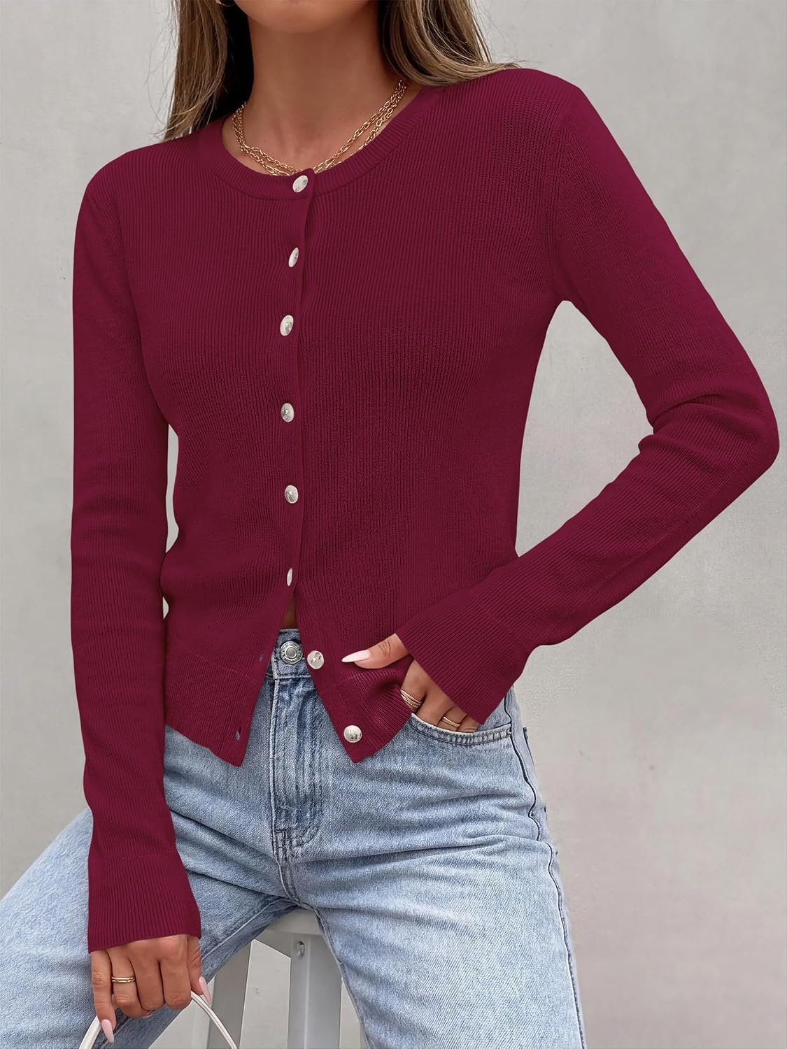 image:imagePRETTYGARDEN Fall Fitted Cardigan Sweaters for Women Button DownRed
