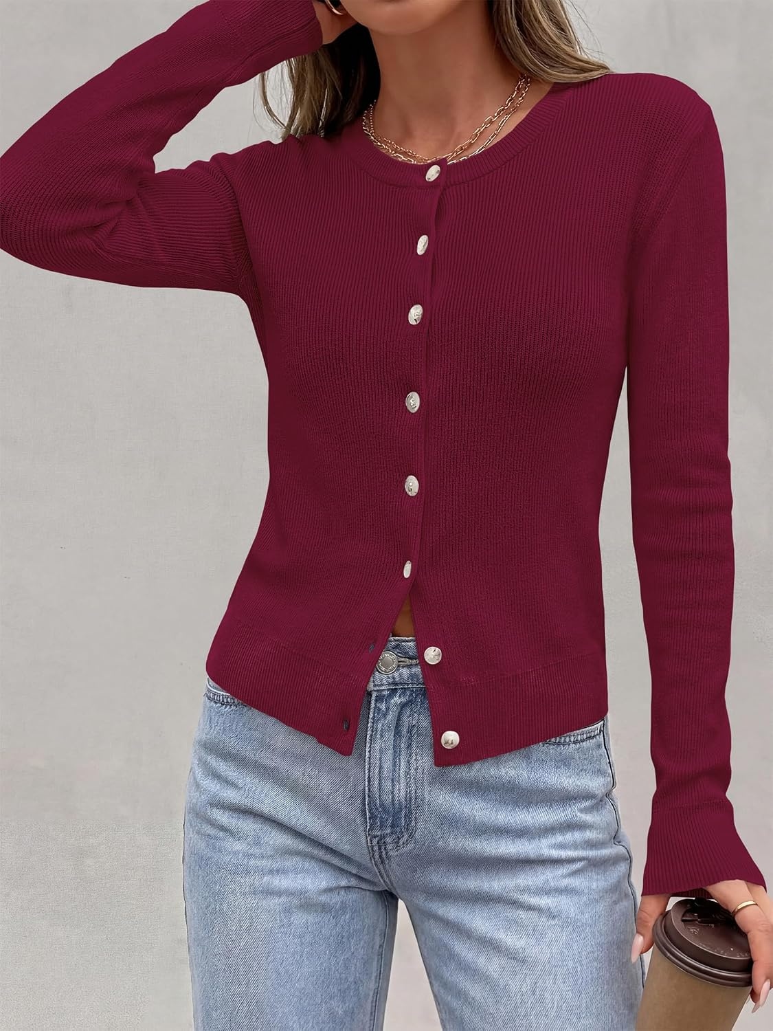 image:imagePRETTYGARDEN Fall Fitted Cardigan Sweaters for Women Button DownRed