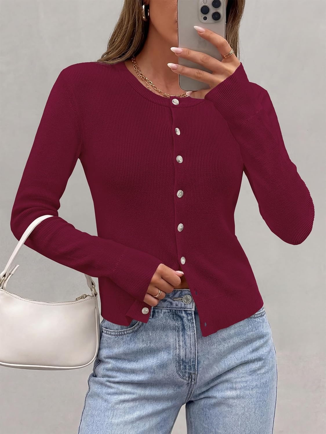 image:imagePRETTYGARDEN Fall Fitted Cardigan Sweaters for Women Button DownRed